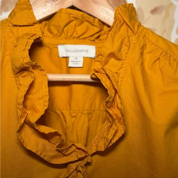 Calligraphy Ruffle-Trim Sleeveless Top in Mustard Yellow M - Picture 2 of 5